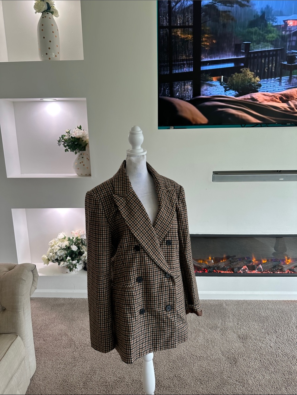 Astr Double-Breasted Houndstooth Blazer Jacket - Brown & Black